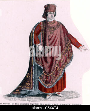 Medioevo, cavalieri, ordini di Chivalry, Ordine del Vello d'Oro, fondata nel 10.1.1430 dal duca Filippo 'il bene' di Borgogna, cavaliere dell'Ordine in abitudine, 15 ° secolo, lunghezza intera, incisione in acciaio colorato, 19 ° secolo, diritti aggiuntivi-clearences-non disponibile Foto Stock