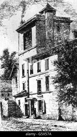Daguerre, Louis Jacques Mande, 18.11.1787 - 10.7.1851, pittore e inventore francese, la sua casa con studio d'artista, incisione in legno di Lancelot, 19th secolo, Foto Stock