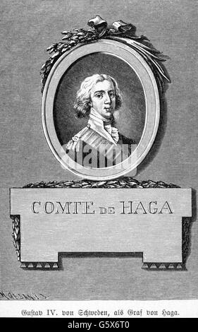 Gustav IV Adolf, 1.11.1778 - 7.2.1837, Re di Svezia 29.3.1792 - 29.3.1809, ritratto, come conteggio di Haga, incisione su rame, circa 1803, artista del diritto d'autore non deve essere cancellata Foto Stock