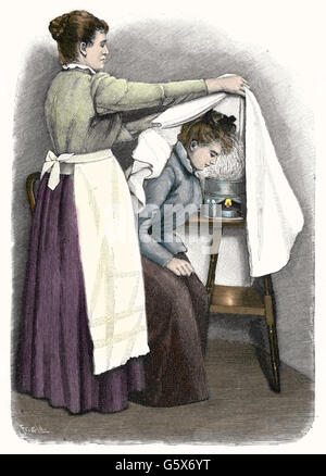 Medicina, trattamento, bagno di vapore, bagno di vapore per la testa, incisione in legno di Fallscheer & Liederwald, su: Anna Fischer-Dückelmann, la Donna come Practitioner generale, Stoccarda, 1903, diritti aggiuntivi-clearences-non disponibile Foto Stock