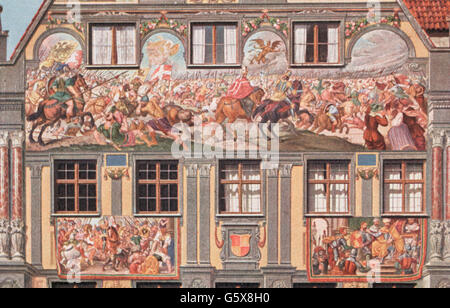 Geografia / viaggio,Germania,Augusta,edifici,Weberhaus,vista esterna,dettaglio,facciata est,Battaglia di Lechfeld 955,pittura murale di Matthias Kager,1607,cartolina,editore J. J. Brack,1918,Medioevo,lato orientale,facciata,facciate,affresco,belle arti,arte,XVII secolo,casa tessitrice,case,cartolina postale,carte postali,Swabia,Battaglia imperiale,10° secolo,dettagli,Battaglia imperiale,Germania,quadri-muro,non-muro,spazio,spazio-muro,spazio-muro,spazio-muro,spazio-muro,spazio-muro,spazio-muro,spazio-muro,spazio-muro,spazio-muro,spazio-muro,spazio-muro,spazio-muro,spazio-muro,spazio-muro,spazio-muro,spazio-muro,spazio-muro, Foto Stock