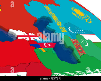 Mappa della regione del Caucaso con embedded bandiere sul 3D mappa politico. Accurato colori ufficiali delle bandiere. 3D illustrazione Foto Stock