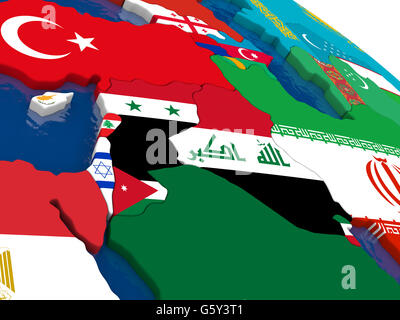 Mappa di Israele, Libano, Giordania, Siria e Iraq regione con bandiere incorporato sul 3D mappa politico. Accurato colori ufficiali delle bandiere Foto Stock