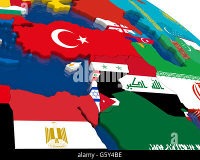 Mappa del Medio Oriente con embedded bandiere sul 3D mappa politico. Accurato colori ufficiali delle bandiere. 3D illustrazione Foto Stock