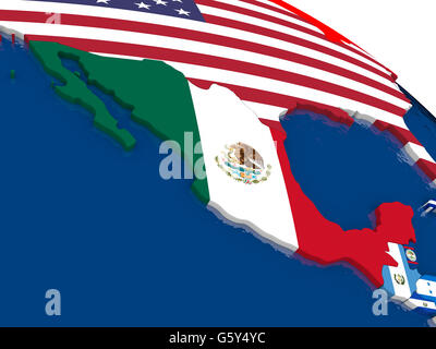 Mappa del Messico con embedded bandiere sul 3D mappa politico. Accurato colori ufficiali delle bandiere. 3D illustrazione Foto Stock