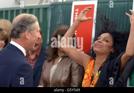 Il Principe del Galles incontra Diana Ross, che spiega come il vento ha fatto saltare i capelli sul palco, durante il Safeway picnic 2002 all'Hyde Park di Londra. Foto Stock