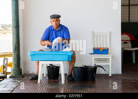 Pescatore locale pulizia del pesce sulla banchina nel piccolo villaggio di pescatori di Alvor, nella regione di Algarve Portogallo Foto Stock