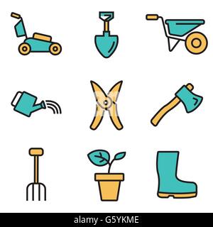Vettore di linea piana di giardinaggio set di icone Illustrazione Vettoriale