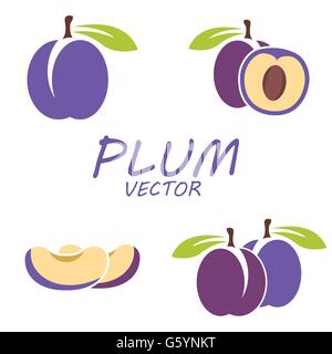 Vettore prugna piatto set di icone Illustrazione Vettoriale