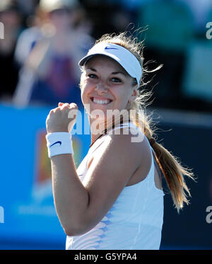 Sabine LISICKI, GER, stringendo il suo pugno e celebrando la sua vittoria, Australian Open 2012, ITF Torneo di tennis del Grand Slam Foto Stock