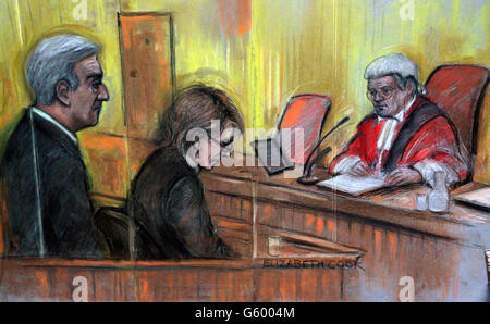 Il disegno dell'artista di corte di Elizabeth Cook di Chris Huhne e Vicky Pryce al Southwark Crown Court di Londra, dove sono stati condannati oggi per aver pervertito il corso della giustizia. Foto Stock