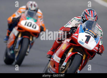 Campionato mondiale di Super Bikes a Brands Hatch, Kent UK. L'attuale campione del mondo-australiano Troy Bayliss #1 guida Neil Hodgson, il locale preferito in gara 2 Foto Stock