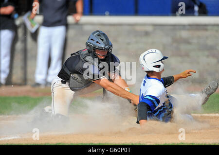 Catcher applicazione di un tag a una base di scorrimento runner che è stato catturato cercando di cliente su una sfera di massa al infield. Stati Uniti d'America. Foto Stock