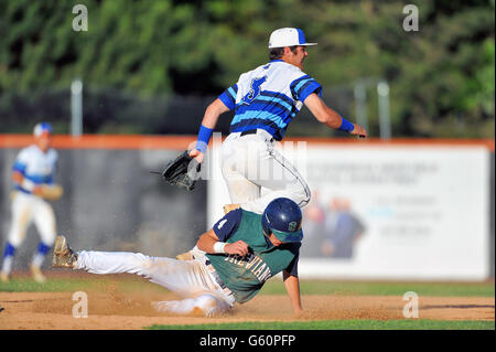 Una middle infielder stabulazione alla prima base in uno sforzo per girare un doppio gioco dopo la registrazione di una forza a seconda base. Stati Uniti d'America. Foto Stock