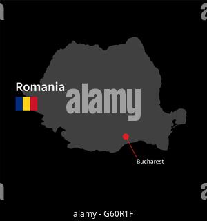 Mappa dettagliata della Romania e la città capitale Bucarest con bandiera su sfondo nero Illustrazione Vettoriale