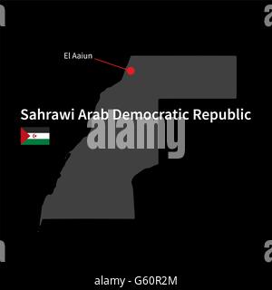 Mappa dettagliata di Araba Saharawi Repubblica democratica e la città capitale di El Aaiun con bandiera su sfondo nero Illustrazione Vettoriale