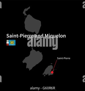 Mappa dettagliata di Saint-Pierre e Miquelon e città capitale Saint-Pierre con bandiera su sfondo nero Illustrazione Vettoriale