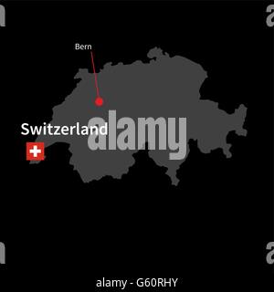 Mappa dettagliata della Svizzera e la città capitale Berna con bandiera su sfondo nero Illustrazione Vettoriale