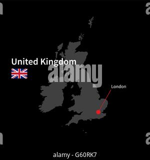 Mappa dettagliata del Regno Unito e la città capitale Londra con bandiera su sfondo nero Illustrazione Vettoriale