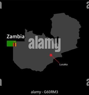 Mappa dettagliata di Zambia e città capitale Lusaka con bandiera su sfondo nero Illustrazione Vettoriale