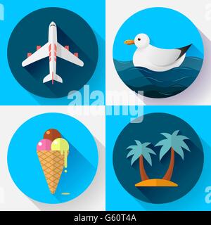 Viaggi e turismo icon set. Appartamento in stile progettato Illustrazione Vettoriale