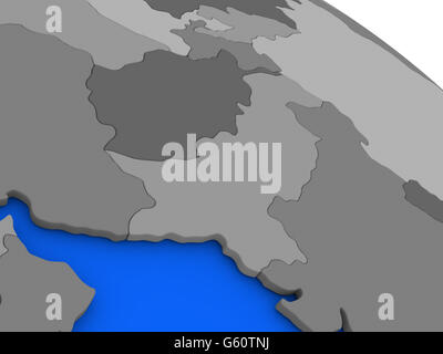 Mappa di Afghanistan e Pakistan sul modello 3D della Terra con paesi in varie tonalità di grigio e blu degli oceani. 3D illustrazione Foto Stock