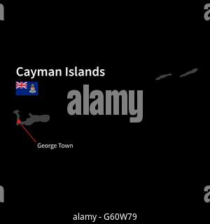 Mappa dettagliata delle Isole Cayman e la città capitale George Town con bandiera su sfondo nero Illustrazione Vettoriale