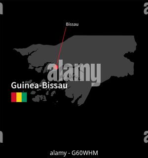 Mappa dettagliata della Guinea Bissau e la città capitale Bissau con bandiera su sfondo nero Illustrazione Vettoriale