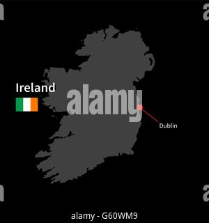 Mappa dettagliata di Irlanda e la capitale Dublino con bandiera su sfondo nero Illustrazione Vettoriale