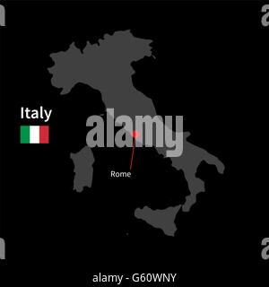 Mappa dettagliata di Italia e città capitale Roma con bandiera su sfondo nero Illustrazione Vettoriale