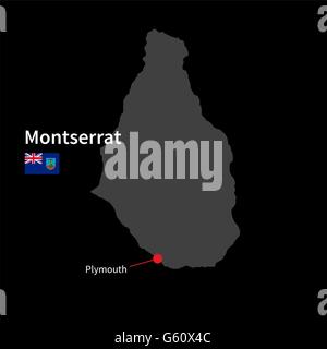 Mappa dettagliata di Montserrat e la città capitale Plymouth con bandiera su sfondo nero Illustrazione Vettoriale