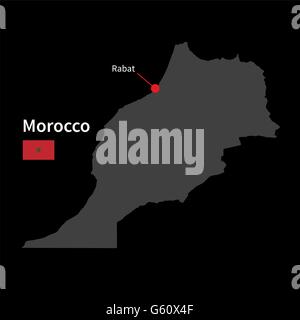 Mappa dettagliata del Marocco e città capitale Rabat con bandiera su sfondo nero Illustrazione Vettoriale