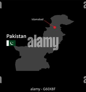 Mappa dettagliata del Pakistan e la città capitale Islamabad con bandiera su sfondo nero Illustrazione Vettoriale