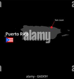 Mappa dettagliata di Puerto Rico e città capitale San Juan con bandiera su sfondo nero Illustrazione Vettoriale