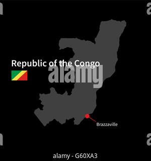 Mappa dettagliata della Repubblica Democratica del Congo e la città capitale Brazzaville con bandiera su sfondo nero Illustrazione Vettoriale