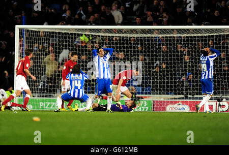 Brighton e il Vicente Rodriguez rues di Hove Albion hanno perso un'occasione per vincere la partita negli ultimi minuti Foto Stock