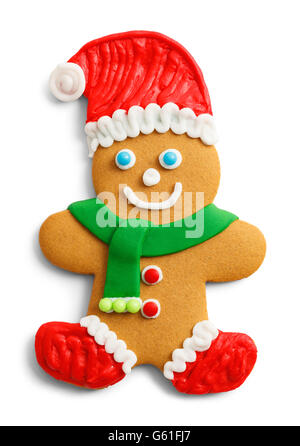 Natale Gingerbread Cookie con Santa Hat e sciarpa isolati su sfondo bianco. Foto Stock