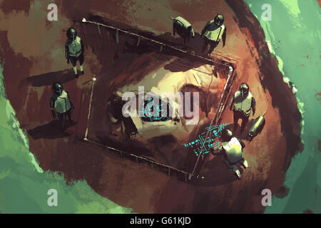 Scavo Archeologico,teschio gigante,sci-fi scena,illustrazione pittura Foto Stock