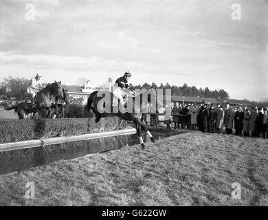 'Coloured School Boy' con Cromwell up prende un salto durante il Blindley Health Chase a Lingfield. Foto Stock