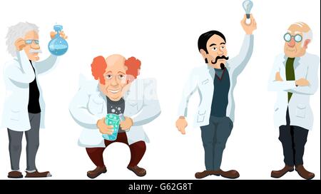 Quattro Cartoon carino scienziati personaggi isolati su bianco Illustrazione Vettoriale