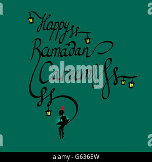 Doodle calligraphy testo Happy Ramadan Kareem e un ragazzo la lettura del libro sacro, arabo islamico mese santo della comunità musulmana, Ramazan-ul-Mubarak celebrazione. lettering lineare silhouette sul cielo notturno. Biglietto di auguri Foto Stock