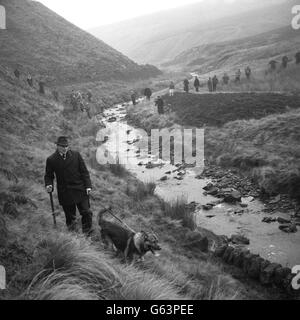 Una ricerca poliziesca di Saddleworth Moor, nei pressi di Woodhead, per i corpi delle vittime degli assassini di Moors. Foto Stock