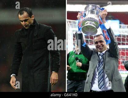 Foto composita del manager di Wigan Athletic Roberto Martinez in piedi espulso mentre il suo fianco è relegato dalla Premier League (a sinistra) e festeggiando la loro vittoria su Manchester City nella finale della fa Cup tre giorni prima. PREMERE ASOCATION Photo (Foto DI ASSOCAZIONE). Immagine emessa: Martedì 14 maggio 2013. Il credito fotografico dovrebbe essere: Cavo PA. Foto Stock