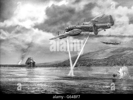 L'impressione di un artista dei bombardieri Lancaster dello Squadron n. 617 della RAF che attaccava la diga di Moehne nella Germania nazista utilizzando una delle bombe rimbalzanti di Barnes Wallis durante la storica incursione dei "Dambosters" del 17 maggio 1943. Oggi a RAF Marham a Norfolk la Regina madre ha presentato un nuovo Standard allo squadrone. Foto Stock