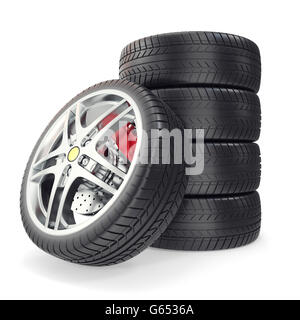 Palo di ruote per auto su sfondo bianco. 3d illustrazione Foto Stock