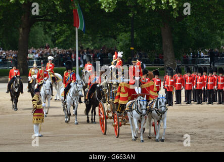 La regina Elisabetta II (non raffigurata) arriva seguita dal duca di Cambridge (a sinistra) la principessa reale (a destra) e il principe di Galles (al centro) arrivano alla Horse Guards Parade, Londra, per assistere a Trooping the Color. PREMERE ASSOCIAZIONE foto. Data immagine: Sabato 15 giugno 2013. Vedi la storia della PA ROYAL Trooping. Il credito fotografico dovrebbe essere: Anthony Devlin/PA Wire Foto Stock