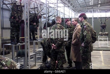 Il Principe del Galles incontra soldati della Brigata dell'assalto aereo del 16 che si prepara a schierarsi nella regione del Golfo. Durante una visita all'aeroporto di Wattisham, vicino a Stowmarket, il principe Carlo incontrò anche i membri dei 3 corpi aerei dell'Esercito Reggimento. Foto Stock