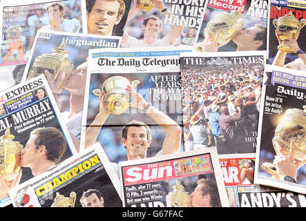 Le prime pagine dei giornali nazionali del Regno Unito come la nazione celebra Andy Murray rivendicando il primo titolo Mens wimbledon del paese in 77 anni. Foto Stock