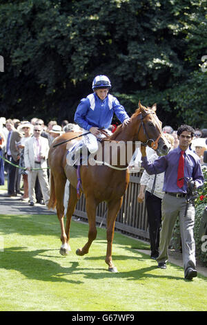 Anjaal indovinato da Paul Hanagan dopo aver vinto il Portland Place Properties luglio Stakes durante il Boylesport Ladies Day del Piper-Heidsieck Festival di luglio a Newmarket Racecourse, Newmarket. PREMERE ASSOCIAZIONE foto. Data foto: Giovedì 11 luglio 2013. Scopri la storia di PA RACING Newmarket. Il credito fotografico deve essere: Steve Parsons/PA Wire. Foto Stock