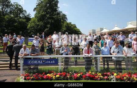 Corse ippiche - Coral-Eclipse Day - Sandown Park. I corridori guardano all'anello della parata al Sandown Park Foto Stock